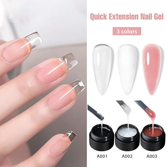 MEET ACROSS Poly Nail Gel 8Pcs Nail Extension Gel Set and Nail Extension Starter Kit for Beginners Nail Art DIY Home Gifts for Women (Clear + White + Pink, 8pcs)