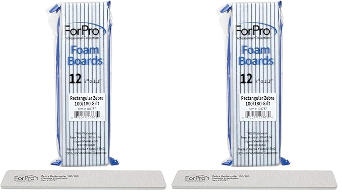 ForPro Rectangular Foam Boards, Zebra, 100/180 Grit, Double-Sided Manicure and Pedicure Nail Files, 7” L x 1.1” W, 12-Count (Pack of 2)