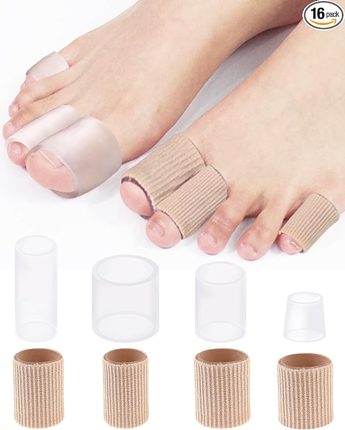 16PCS Silicone Toe Sleeves Gel Corn Protectors Toe Tube Cushions with 4 Size, Soft Corn Pads Covers for Women Men Pain Relief, Calluses, Blisters, Bunion, Hammer (8gel+8nylon)