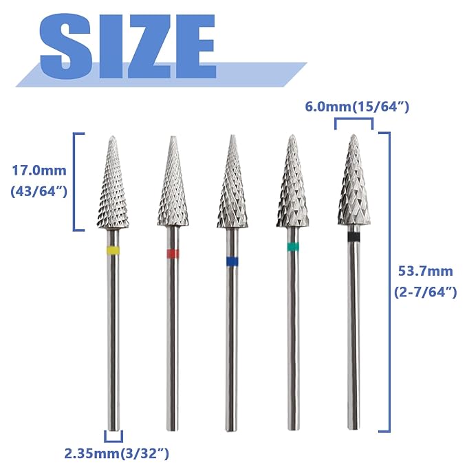 Mesee 5 Pieces Tapered Nib Nail Drill Bit Set, 3/32'' Carbide Tungsten Multi-function Bits Professional Electric Cuticle Drill Bits for Acrylic Gel Nails Polish Cuticle Removal