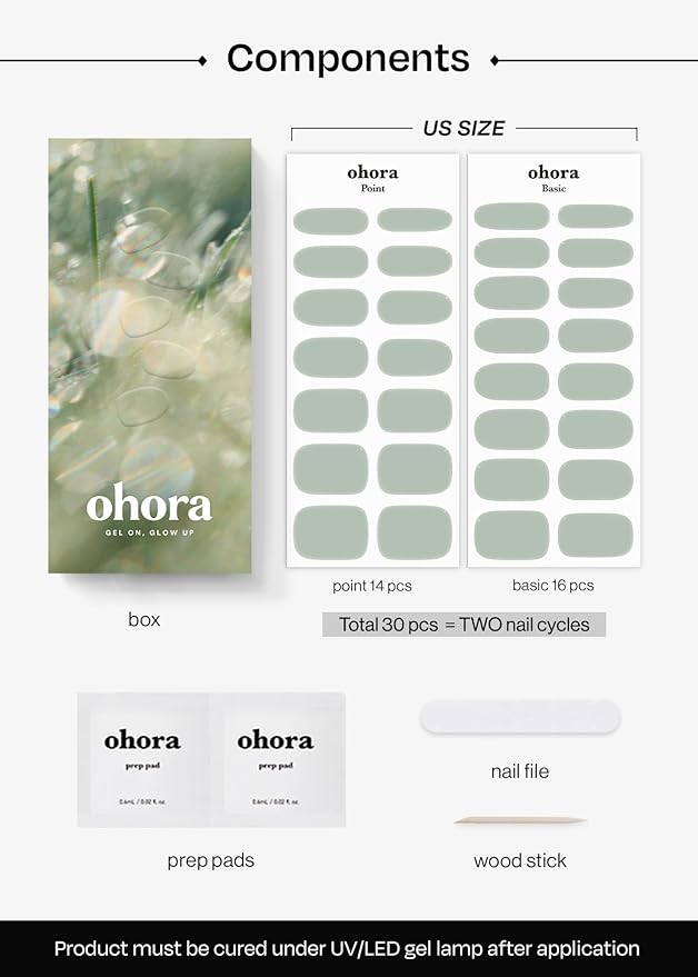 ohora Semi Cured Gel Nail Strips (N Dewy Mint) - Green, Solid, Works with Any UV/LED Lamps, Salon-Quality, Long Lasting, Easy to Apply & Remove - Includes 2 Prep Pads, Nail File & Wooden Stick