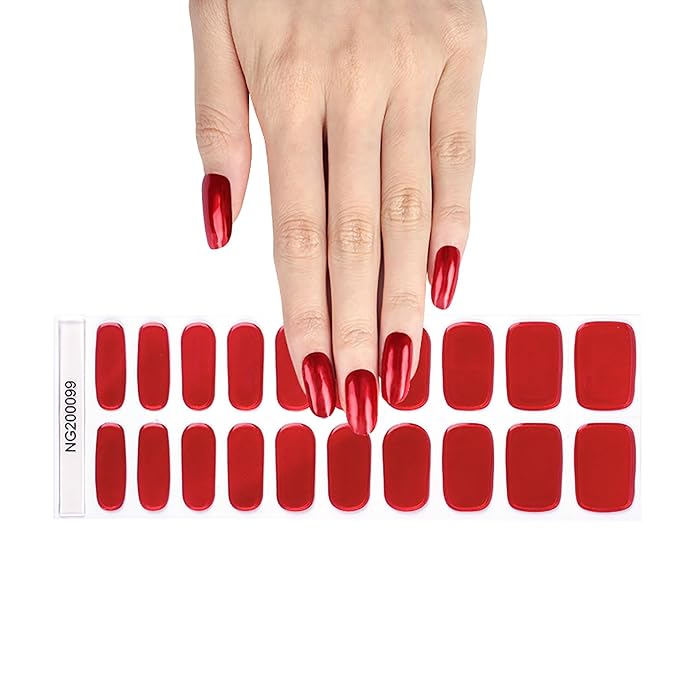 WOKOTO 20Pcs Chrome Red Gel Nail Strips with Nail File & Wooden Stick Holographic Red Semi Cured Nail Polish Strips UV Gel Nail Stickers Full Nail Wraps Stick On Nails Strips Decals for Women Girls