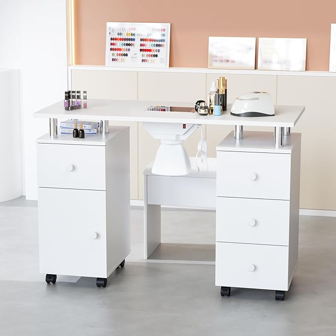 OmySalon Nail Desk and Chair Set, with Stool, Dust Collector, Arm Rest & Wheels, Acetone Resistant Desktop, Manicure Table Nail Table Station for Nail Tech w/Drawers Storage (White)