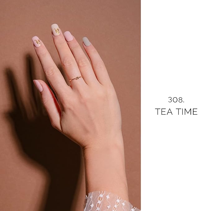 NAILOG Semi Cured Gel Nail Strips (20 Extra Long Stickers/Wraps) | Buy 2 Get 1 UV Lamp| Glossy & Long Lasting Soft Gel Finishing, Tea Time
