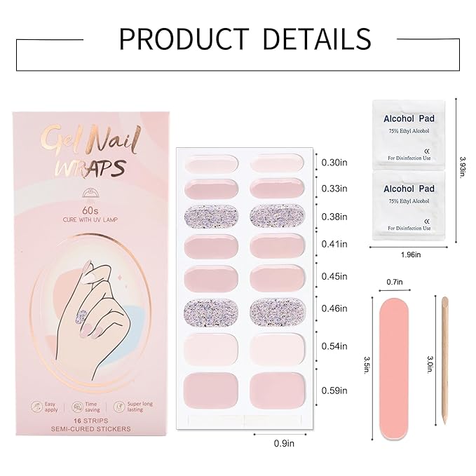 WOKOTO Semi Cured Gel Nail Strips (Pink & Glitter)-16 Pcs Gel Nail Stickers | Gel Nail Wraps | UV Light Required, Salon Quality & Easy To Use, Real Nail Polish Strips Stick On Nails With Nail File