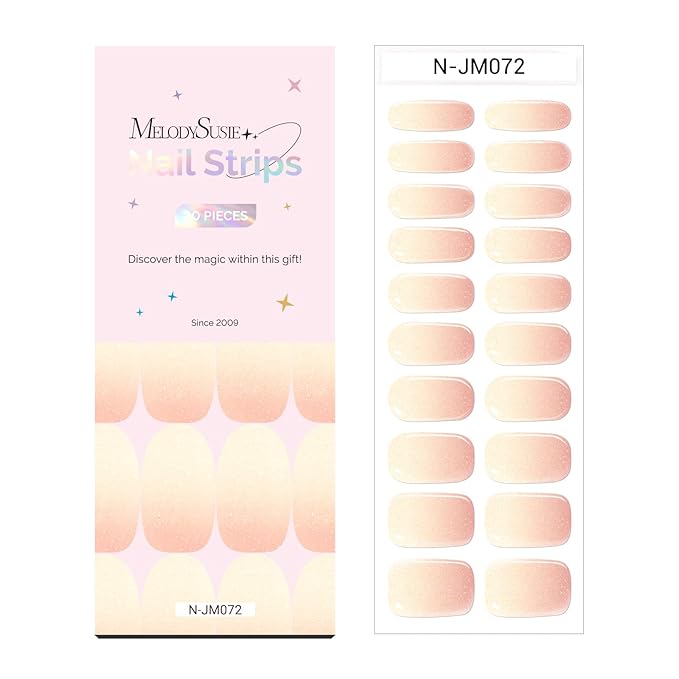 MelodySusie Semi Cured Gel Nail Strips (Pearly Pink Gradient), Works with Nail Lamp, Salon Quality, Long Lasting, Easy to Apply and Remove, Includes 20Pcs, 2 Prep Pads, Nail File and Wooden Stick