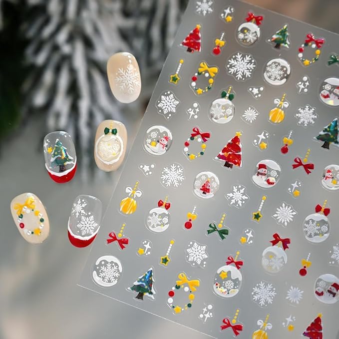5D Embossed Christmas Nail Sticker Snowman Xmas Tree Snowflake Wreath Nail Art Sticker Self Adhesive Nail Decals for Women Girls Winter Holiday Manicure DIY Nails Supplies