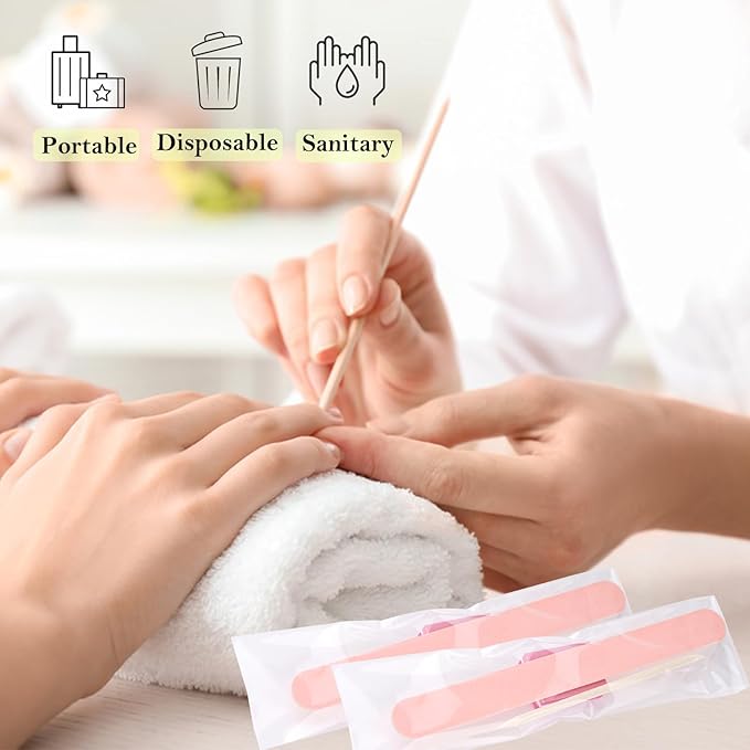 Disposable Manicure Kit - 50pc Set, Includes Mini Nail Buffer, Nail File, Wood Stick, OPP Bag, Press On Nail Tool Kit for Salon & Home (Pink)