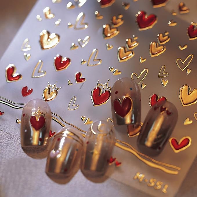 5D Embossed Heart Nail Stickers for Art - Gold Red Self-Adhesive Valentine's Day Decals - Golden Design for Women - Nail Supplies Decorations Accessories