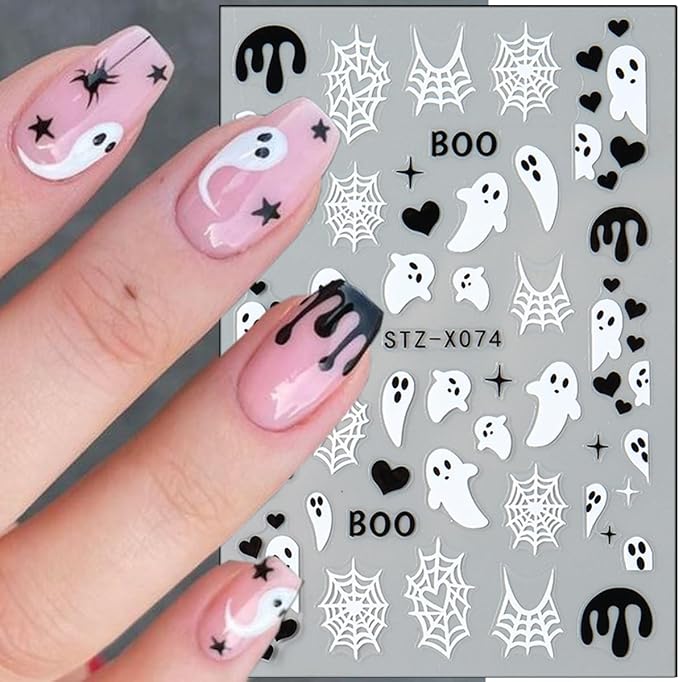6 Sheets Halloween Nail Stickers Cute Ghost Nail Decals 3D Spider Web Goth Nail Design Sticker Scary Bloody Spider Nail Art Stickers French Manicure Decals Decoration for Women Holiday Salon Supplies