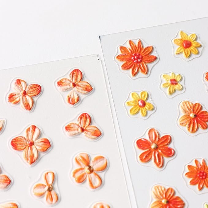 2Pcs Thanksgiving Nail Stickers Fall Decals for Nail Art Orange Flowers Nail Design White Flowers Nails Supplies 5D Embossed Yellow Flower Nials Acrylic Accessories for Women DIY Manicure Decoration
