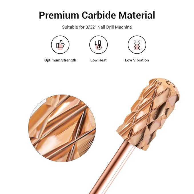 MelodySusie Safety Nail Drill Bits, 3/32'' Smooth Round Top Large Barrel Carbide Bits, Suitable for Manicure Pedicure Cuticle Gel Polishing, Beginners Bits, Rose Gold, Series Bit-S, Quintuple Coarse