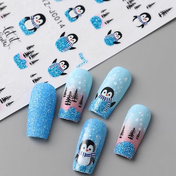 3D Christmas Nail Stickers for Nail Art, Elk Winter Penguin Nail Decals Nail Art Supplies 6PCS Red Elk Penguins Tree Xmas Nails Design Adhesive Sticker for Women Holiday DIY Manicure Nail Decorations