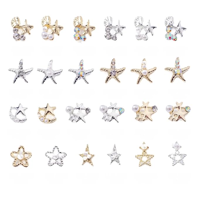 18Pcs Mixed Color 3D Starfish Nail Charms Alloy Summer Beach Nail Art Rhinestones Ocean Theme Shell with Flatback Pearls Caviar Beads Designs Nail Charms Summer Beach DIY Crafts Manicure Decoration