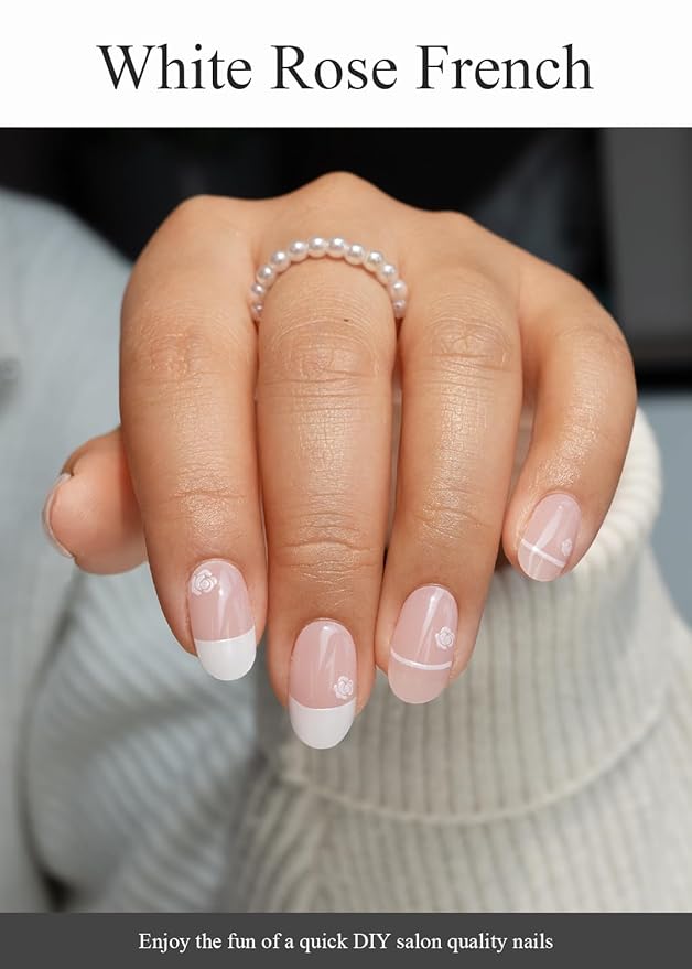 Semi Cured Gel Nail Strips (White Rose French), Chrome, 20 Pcs Gel Nail Wraps, Stickers, UV Light Required, Salon Quality, Long Lasting