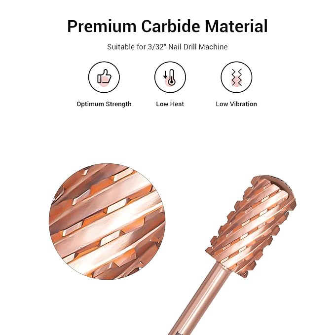 MelodySusie Safety Nail Drill Bits, 3/32'' Smooth Round Top Large Barrel Carbide Bits, Suitable for Manicure Pedicure Cuticle Gel Polishing, Beginners Bits, Rose Gold, Series Bit-S, Triple Coarse