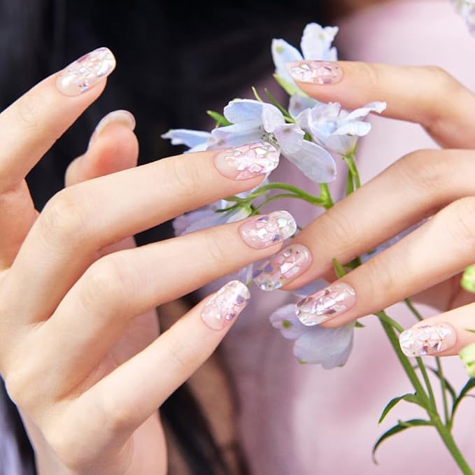 ohora Semi Cured Gel Nail Strips (N Petal Rain) - Purple, Patterned, Works with Any UV/LED Lamps, Salon-Quality, Long Lasting, Easy to Apply & Remove - Includes 2 Prep Pads, Nail File & Wooden Stick