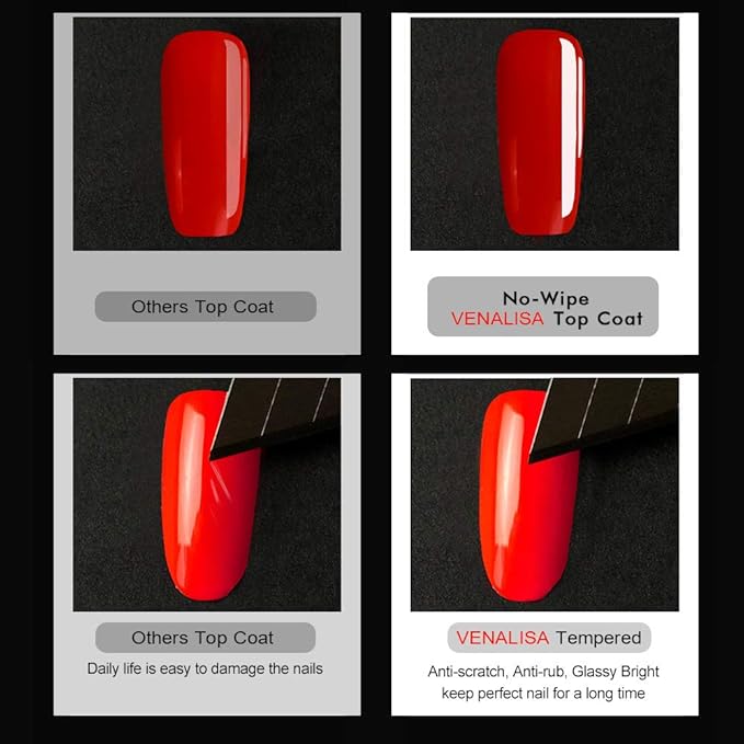 VENALISA 15ML No Wipe Tempered Top Coat - Scratch Resistant High Gloss Soak Off Gel Nail Polish Finish Long Lasting Set Gel Nail Kit