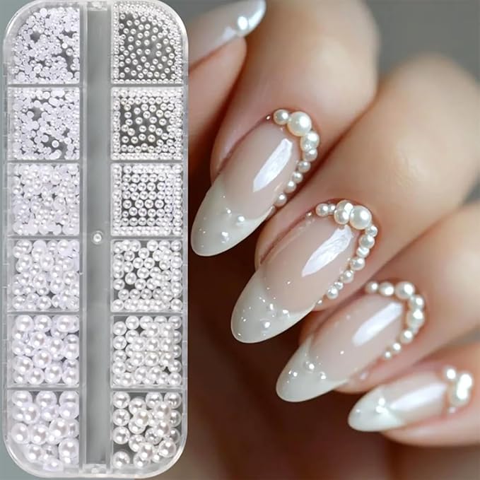 12 Grids Half Round Pearl Beads 3D Nail Charms Elegant White Wedding Designs Decorations Mixed Pearls Ornaments Manicure Decor (White)