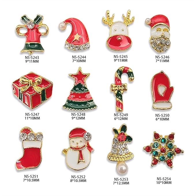 12 Pcs Colorful Christmas Nail Charms Glitter 3D Alloy Snowman Snowflake Reindeer Bell Nail Art Charms Metal Diamonds Nail Rhinestones Crystals Nail Gems Winter Xmas Gift Nail Supplies for Women DIY