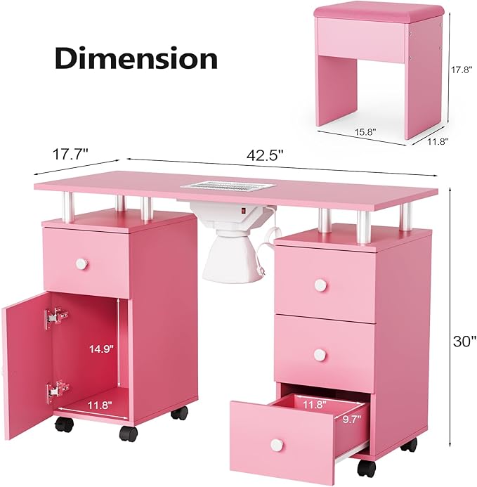 OmySalon Nail Desk and Chair Set, Manicure Table with Dust Collector, Arm Rest, 8 Wheels, Acetone Resistant Desktop, Drawers & Cabinet Storage for Makeup Beauty Salon (Pink)