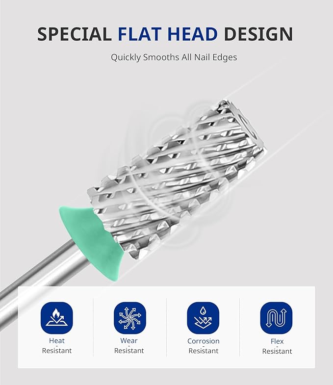 AIRSEE Tungsten Carbide Acrylic Nail Drill Bit Efile Electric File Machine Head Tip for Manicure Polishing Art Remove Gel 3/32" 2 Way Professional Tech Flat Top Tapered Barrel Coarse-C