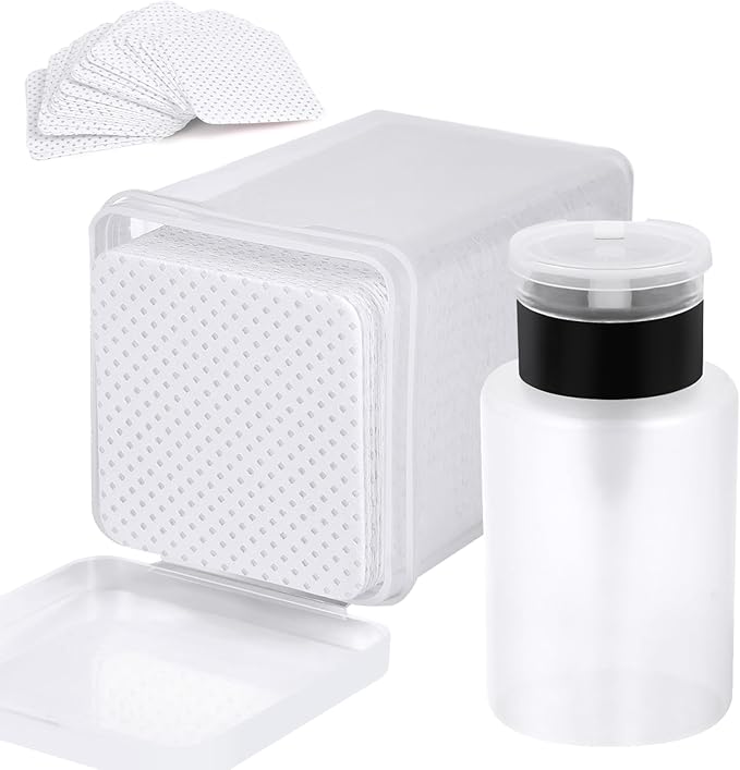 200 Pieces Nail Cotton Pads,1 Pull-Down Pump Dispenser Bottle, Super Absorbent Soft Non-Woven Eyelash Glue Wipes, Nail Polish dehumidifier for Eyelash Extension Products and Nail Oil Bottle (White)