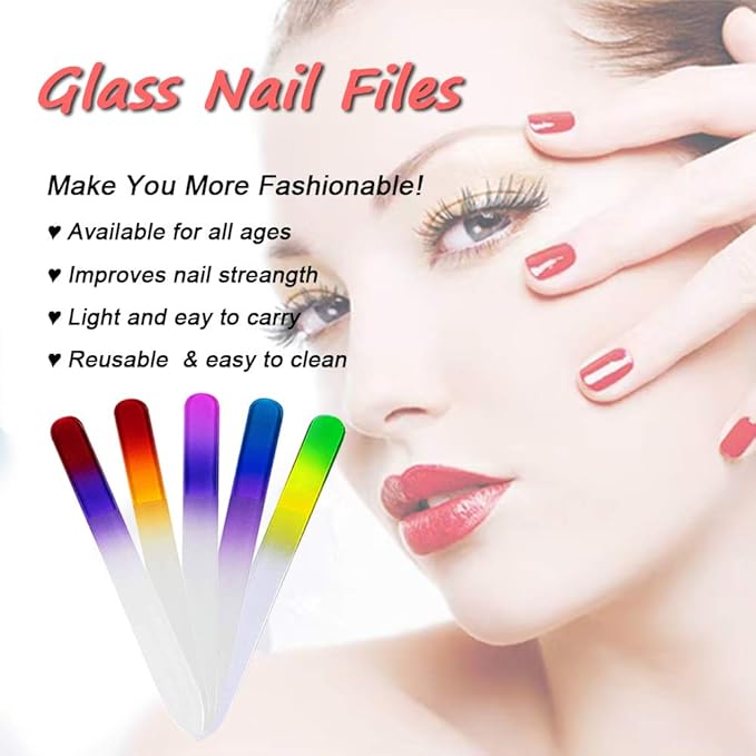 5 Pcs Glass Nail File with Plastic Sleeve, Crystal Fingernail Files, Double Sided Finger Nail Files, Professional Manicure Nail Care for Women Girls