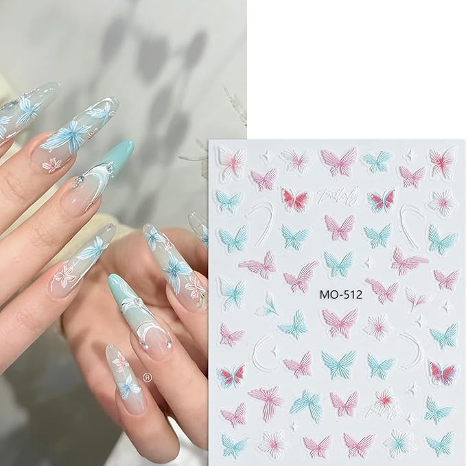 3Sheets Butterfly Nail Art Stickers Purple Pink Butterflies Nail Stickers Colorful Flower Nails Decals Butterfly Sticker 5D Embossed Wildflower Nails Design Decoration Supplies for Women DIY Manicure