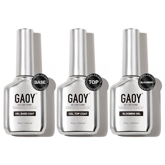 GAOY Gel Top Coat, Blooming Gel and Base Coat Set, 3 Pcs 16ml Clear Glossy No Wipe Combination for UV Light Cure