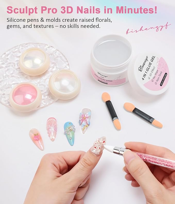 Solid Builder Gel and Chrome Nail Powder Kit BISHENGYF: 4 In 1 No Wipe 3d Sculpting Nail Gel Aurora Pink White Pearl Chrome Nail Powder Clear Non-Sticky Hand Extension Glue for Nail Decoration 30g
