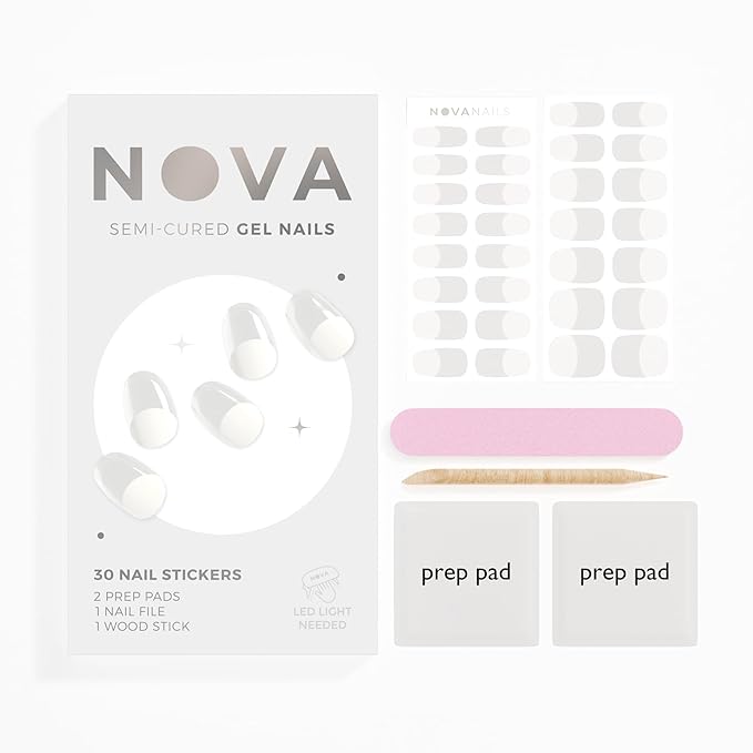 NOVA, Female Founded, Semi Cured Gel Nail Strips (Jolie) - The 10 Minute Manicure. Salon-Quality, Works with Any Nail Lamp, Easy to Apply & Remove - Incl. Nail File & Wooden Stick (Jolie)