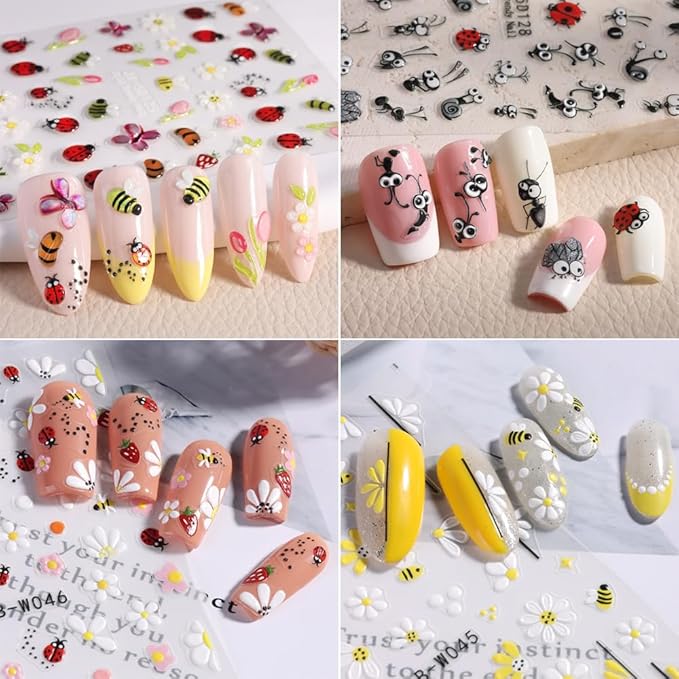 Cute Bee Ladybug Ant Nail Art Stickers, 4 Sheets 5D Embossed Self-Adhesive Nail Decals Flowers Daisy Butterfly Strawberry Nail Designs for Women Girls DIY Manicure Decorations