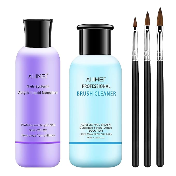 AIJIMEI 58ml Acrylic Liquid Monomer & Nail Brush Cleaner 58ml with 3pcs Nail Brushes, Nail Extension for Acrylic Nail kit