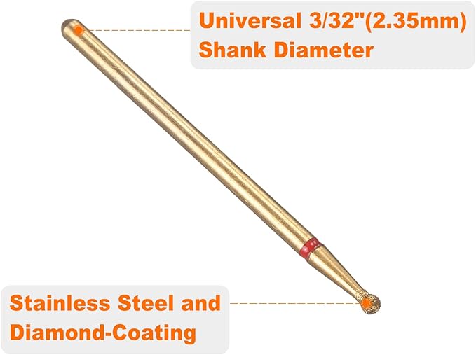 HARFINGTON 6pcs 200-230 Grits Diamond Grinding Bit 1.8mm Ball Head 2.35mm Shank 1.8mm Length Titanium Plated Stone Sanding Drill Bits Rotary Tool for Nails Grinding Polishing
