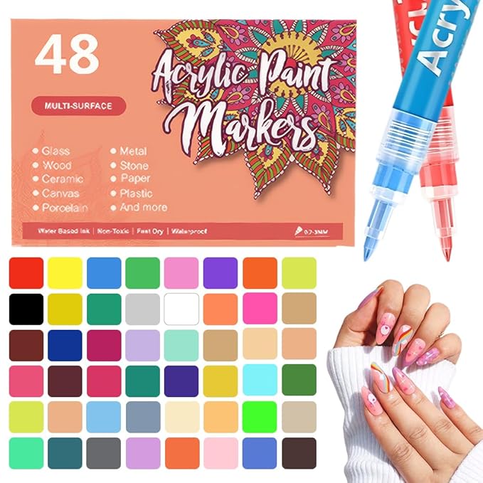 48 Colors Nail Art Pens for Painting Nails, 0.7mm Acrylic Paint Makers DIY Nail Art Markers for Kids and Adults, Quick-drying Nail Polish Pens Doodle Pens for Drawing Point Liner
