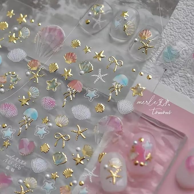 1 Sheets Summer Beach Nail Stickers for Nail Art 5D Embossed Nail Decals Shiny Silver Star Bow Seashell Starfish Design Ocean Theme Nail Art Stickers Summer Nails Sticker for Women Manicure Decoration