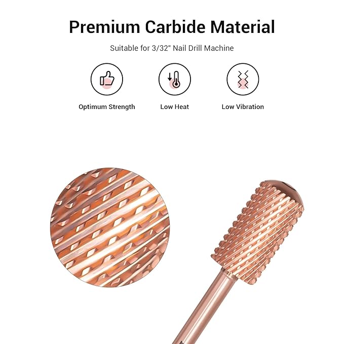 MelodySusie Safety Nail Drill Bits, 3/32'' Smooth Round Top Large Barrel Carbide Bits, Suitable for Manicure Pedicure Cuticle Gel Polishing, Beginners Bits, Rose Gold, Series Bit-S, Coarse