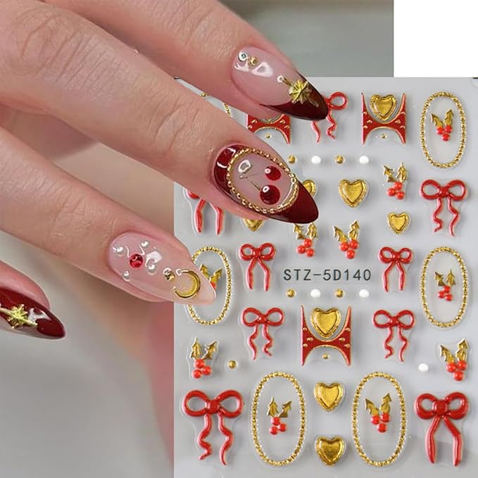 2Sheets Christmas Nail Art Stickers 5D Embossed Winter Nails Decals French Nail Stickers for Nail Art Self Adhesive Red Gold Heart Bow Design Christmas Sticker for Women Holiday DIY Manicure Supplies