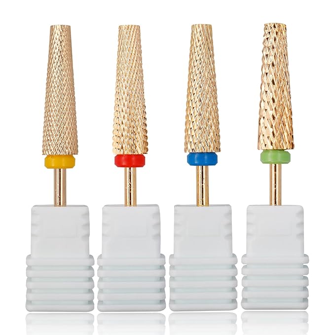 Mesee 4 Pieces Super Long 5 in 1 Nail Drill Bits, 3/32'' Shank Tapered Nail Bits Efile Safety Bits Professional Carbide Tungsten Bits for Nail Manicure Pedicure Cuticle Gel Polishing - Gold ﻿