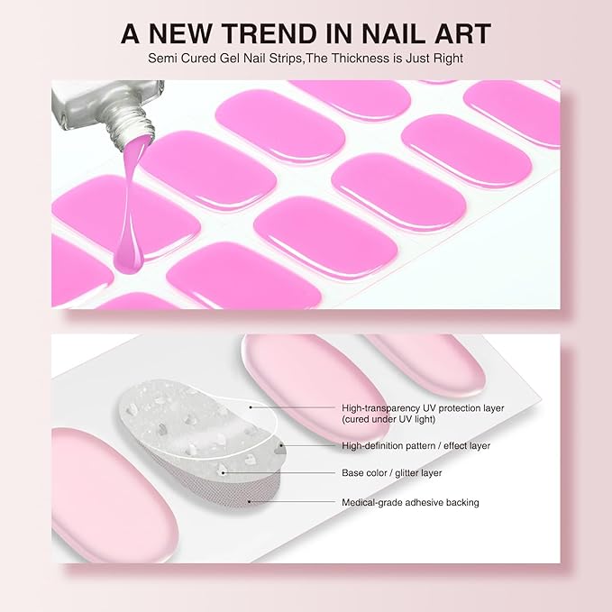 Semi Cured Gel Nail Strips, 20 PCS Gel Nail Stickers Work with UV Light, Gel Nail Wraps, Salon Quality & Easy to Use - Pink Lemonade