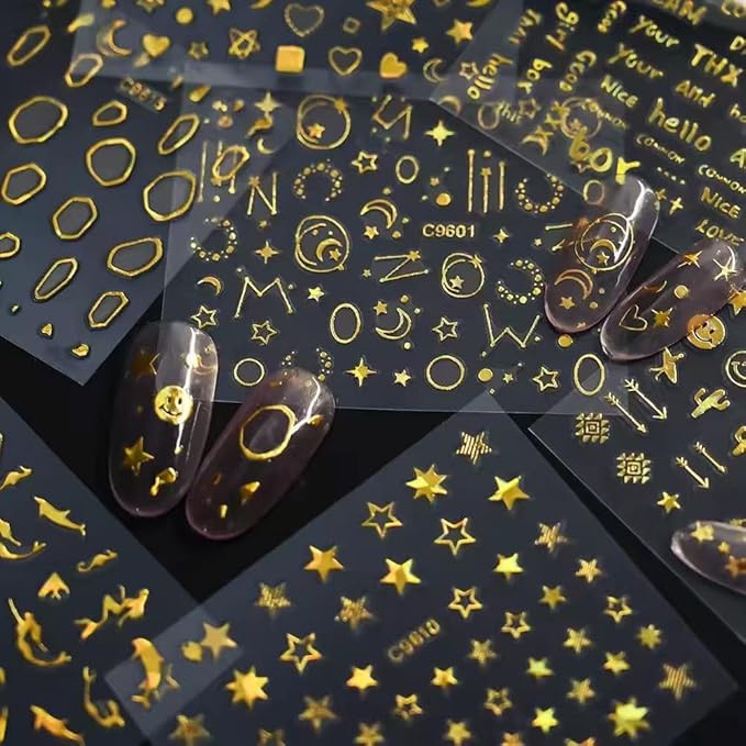 30 Sheets Gold Nail Stickers Star Moon Nail Art Stickers 3D Embossed Self Adhesive Nail Decals Letter Heart Nails Design Summer Nail Art Decals for Women Manicure DIY Decoration