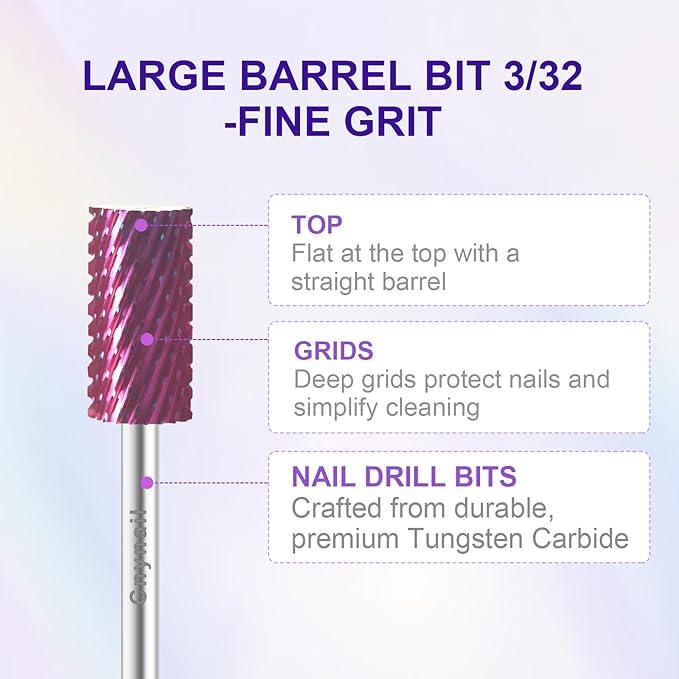3/32" Large Barrel Bit Tungsten Carbide Nail Drill Bit Safety Bit for Gel & Acrylic Removal, 2- Way Rotating Efile Tip, Salon Electric File Accessory (XC Girt, Purple)