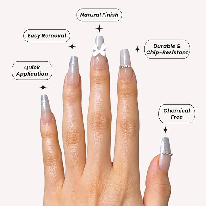 Perfect Look Press On Nails - Bridal Glow | No Glue One-Day Coffin Nails, Nude Gloss Finish Nails with Glitter French Tips - 24 Pcs Nail Kit with Adhesive Tabs