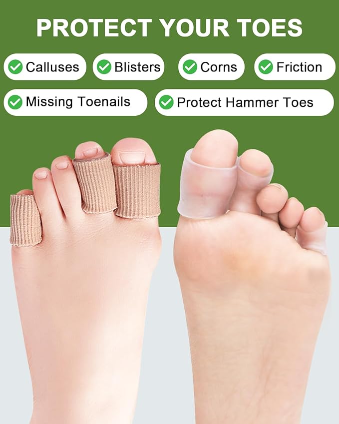 16PCS Silicone Toe Sleeves Gel Corn Protectors Toe Tube Cushions with 4 Size, Soft Corn Pads Covers for Women Men Pain Relief, Calluses, Blisters, Bunion, Hammer (8gel+8nylon)