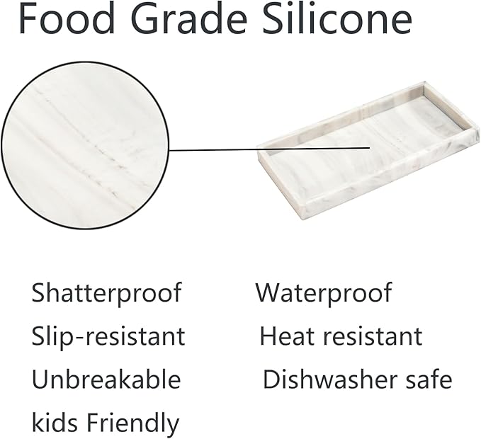 DNC Silicone Bathroom Tray for Counter, 2PC (7.9" +11.8") Vanity Tray for Countertop, Kitchen Sink Soap Tray for Dish Holder Dispenser Toilet Tank Desk Organizer Marble White