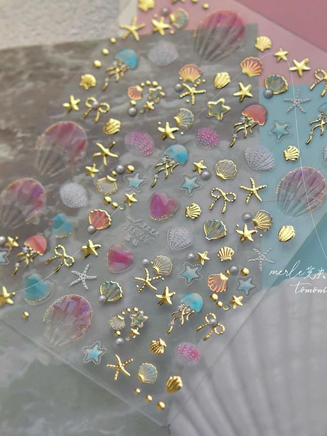 Golden Beach Seashell Nail Stickers 5D Embossed – Premium Salon-Quality Nail Charm Accessories, Easy Application & Self-Adhesive Summer Sticker for DIY Manicure, Nail Art, Press on, Home or Salon Use