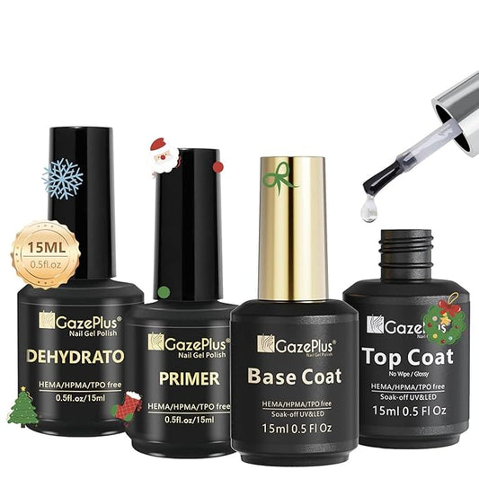 15ML Top Coat & Base Coat Set with Nail Primer and Nail Prep Dehydrator, Acid-Free Hema-free Dehydrate & Primer Set Shiny Top Coat for Acrylic Gel Nail Gel Polish Manicure Christmas Gift