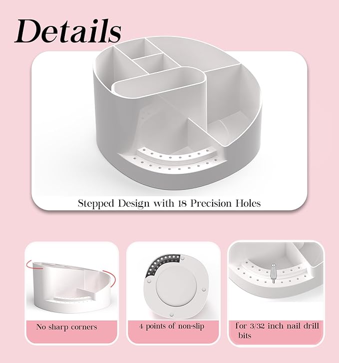 Nail Drill Holder 18 Hole Nail Drill Bit Holder Nail Organizer Professional Stand with 8 Compartments for Nail Tech Tools (Tools not included)