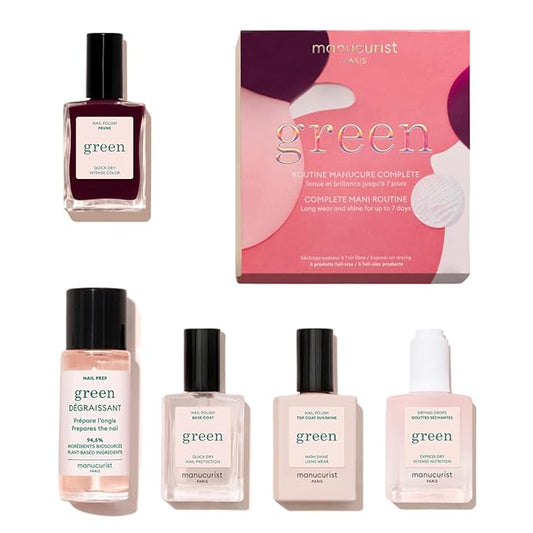 Manucurist Green™ System Set with Plum - Professional Vegan Plant-Based Manicure Kit: 1 Degreaser, 1 Base Coat, 1 Nail Polish Dark Wine, 1 Top Coat, Dried Drops - Gifts for Women